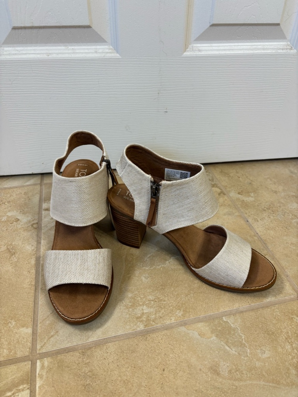 Toms Linen-Textured Cream Wedge Sandals